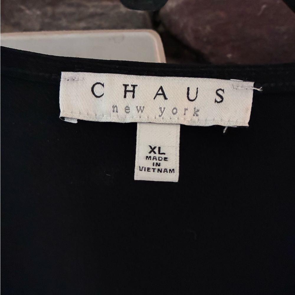 CHAUS New York Black Sleeveless Wrap Blouse with Gold Zipper Shoulder Accents - Picture 6 of 9